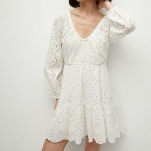 Veronica Beard White Eyelet Lace Mini Dress V-Neck Long Sleeve Tiered Scallop
